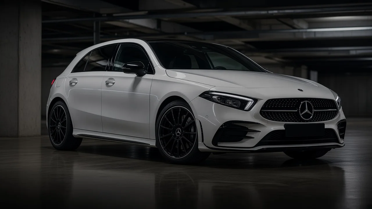White Mercedes-Benz A-Class hatchback with black plate for rental in Kuala Lumpur