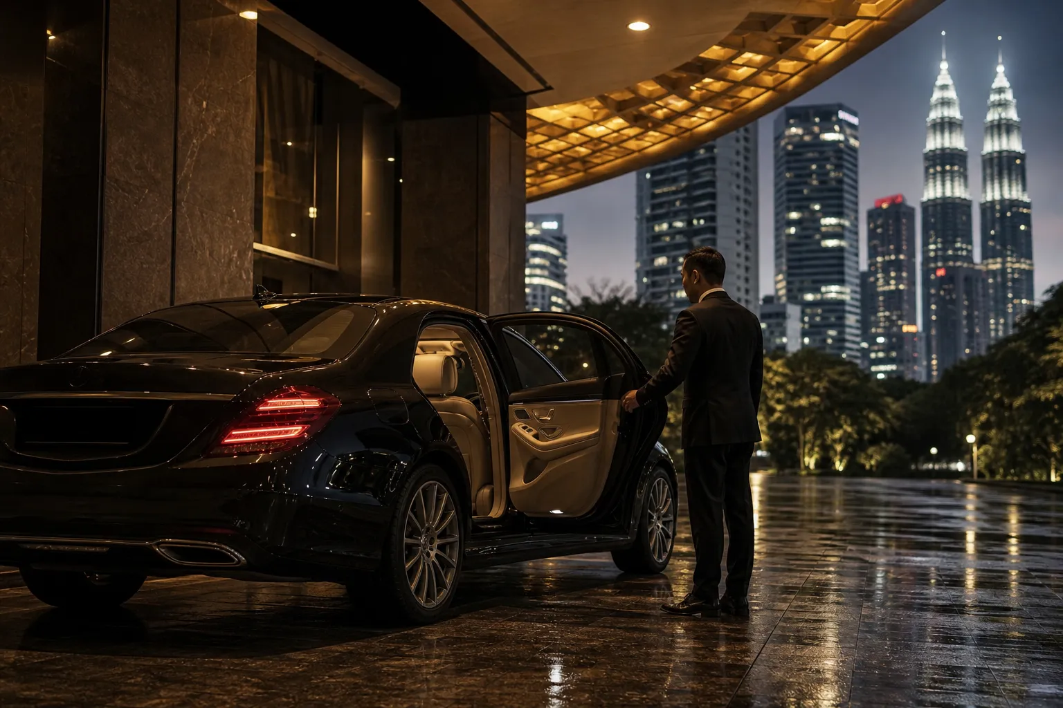 Chauffeur welcoming a guest beside a luxury Mercedes sedan in Kuala Lumpur