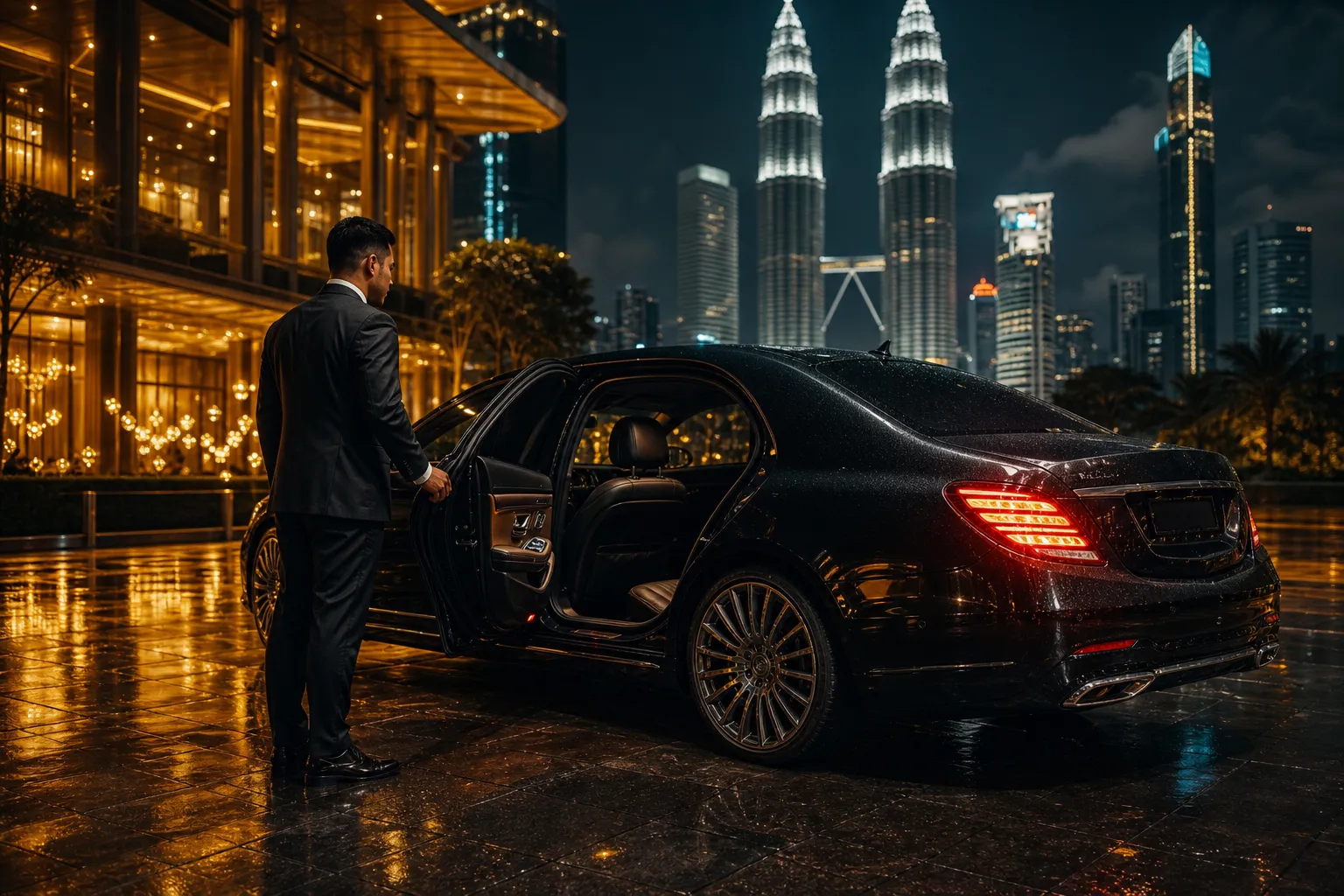 Chauffeur holding open a luxury sedan for an airport arrival in Kuala Lumpur