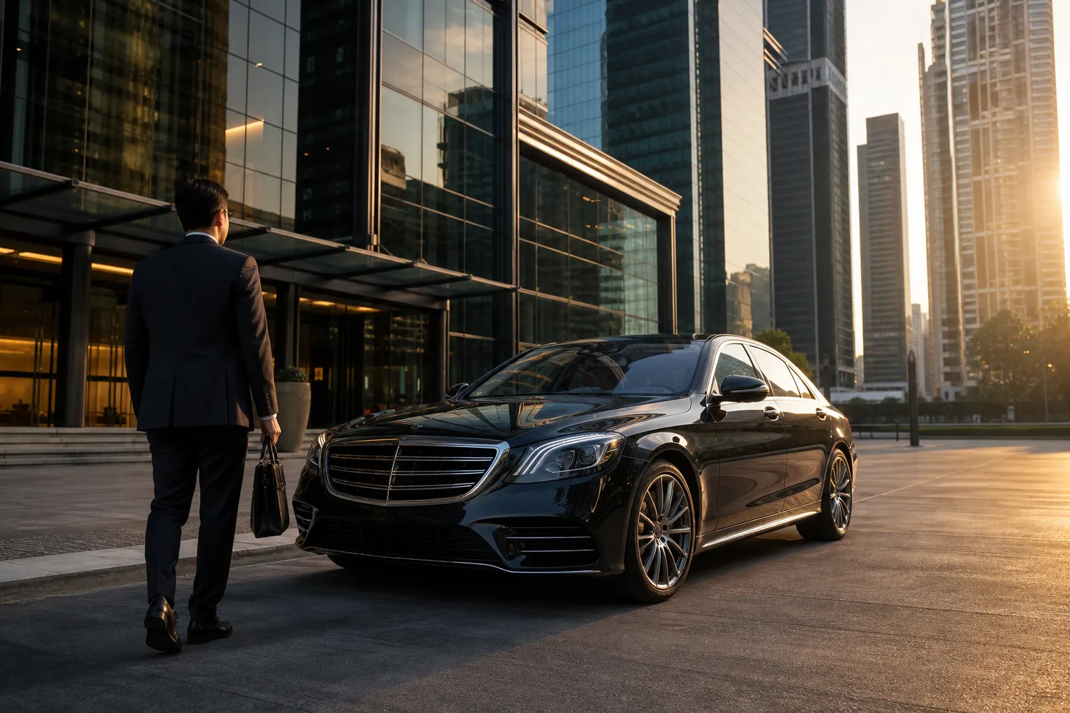 Executive sedan for corporate car rental outside a Kuala Lumpur office