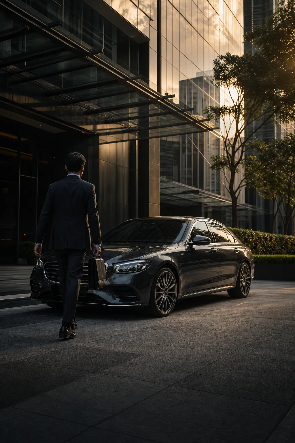 Executive sedan for corporate car rental outside a Kuala Lumpur office tower